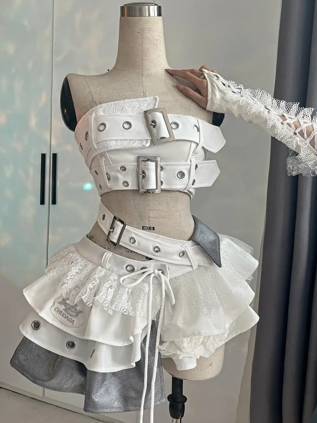 Y2K Style Short Irregular Tube Top Low Waist White Patchwork Puff Short Skirt kpop dance Outfit Lolita Set