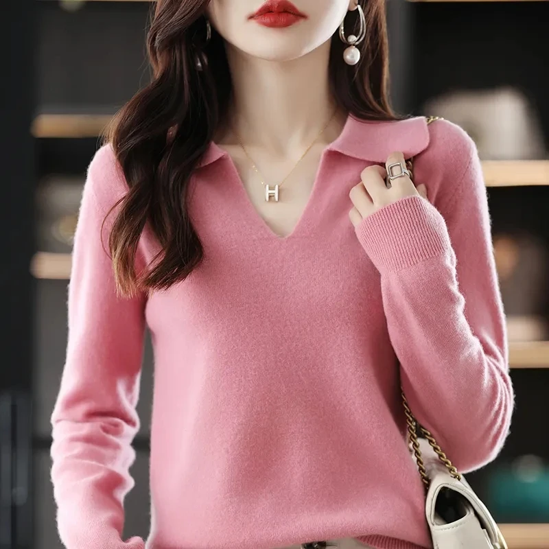 2022 New Lapel Polo Neck Knitted Bottoming Top Women\'s Autumn Winter Solid Color Base All Match Causal Sweater For Fashion