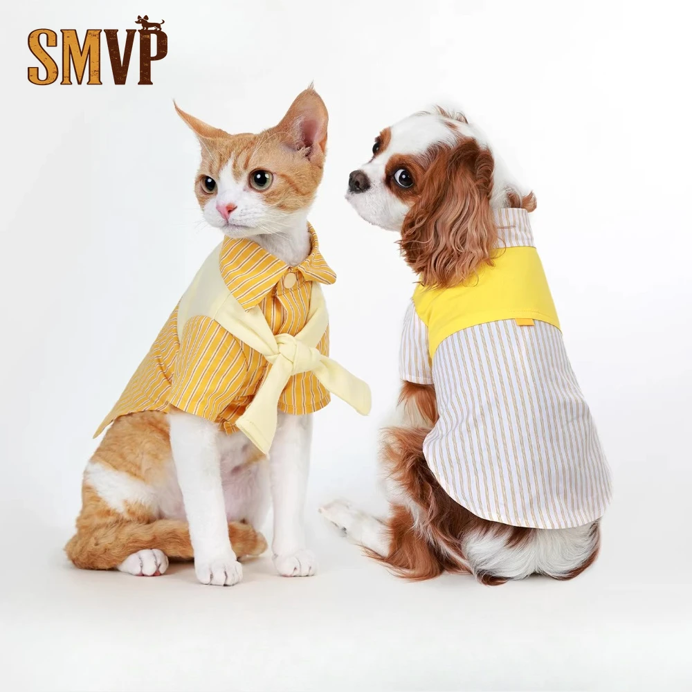 

Summer Breathable Cotton Fake Two Piece Striped Shirt Yellow and White Refreshing Color Scheme Pet Cat Small Dog Clothes