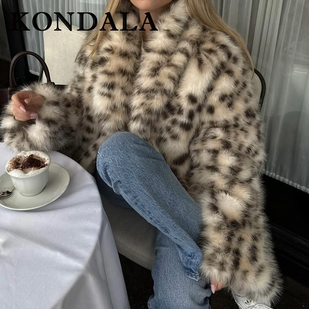 KONDALA Chic Winter Furry Leopard Faux Fur Warm Party Women Jacket Luxurious Fashion 2025 Outwear Night Party Elegant Noble Coat