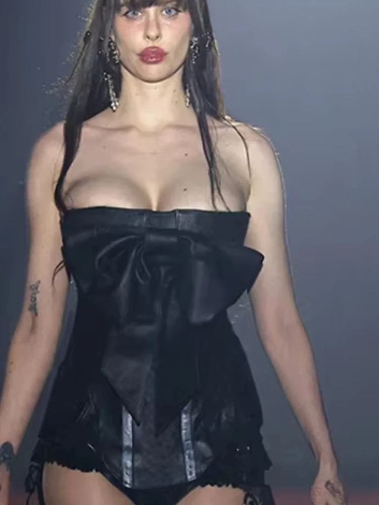 

Nibber Irregular Hem Bow PU Leather Tank Top Women Hottie Sleeveless Patchwork Skinny Sexy Midnight Party High Street Clubwear