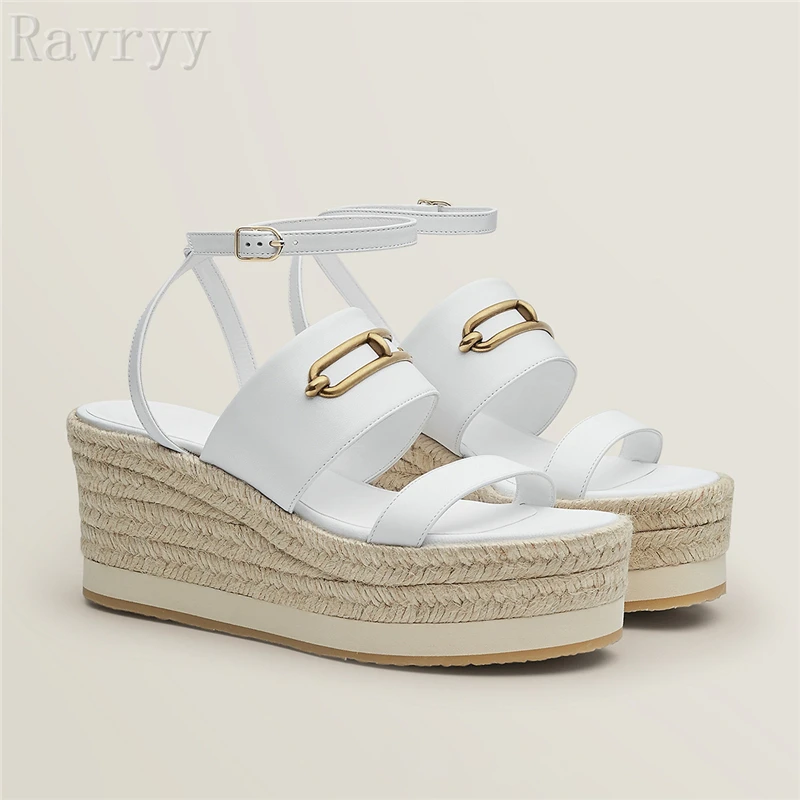 

Thick Bottom Espadrilles Metal Decor Wedge Sandals Summer New Grass Woven Bottom Heel Slope Heel Beach Roman Women Shoes