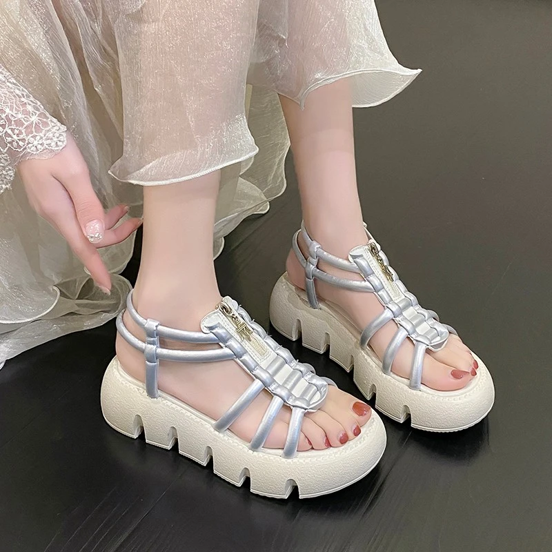 2024 New Summer Hot Selling Women Sandals Fashion Versatile Medium Heel Comfortable Thick Sole Solid Color Zipper Women\'s Shoes