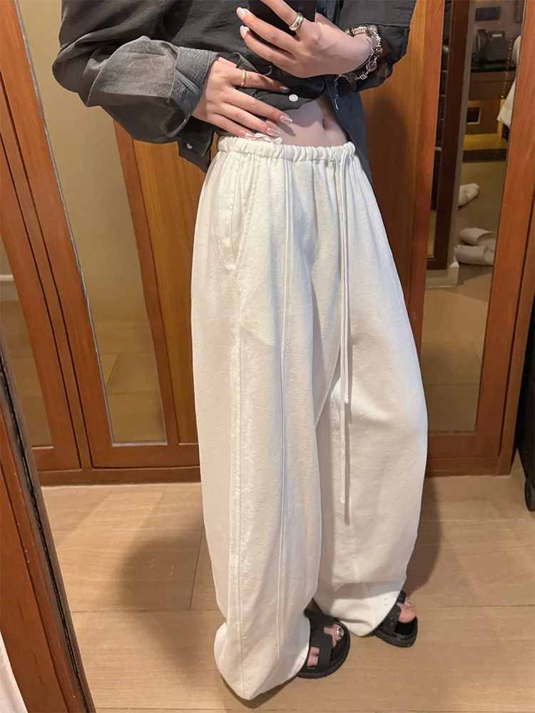 

High Waist Wide Leg Pants Women's Lazy Loose Feelings Heavy Work Linen Cotton Blend Washed Casual Pants