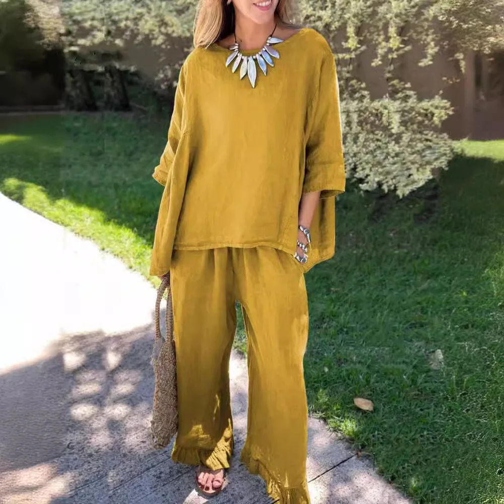 

Solid Cotton And Linen Suit Women Loose Round Neck Long Sleeved Pullover Top Straight Trousers 2 Piece Set 2024 Autumn New