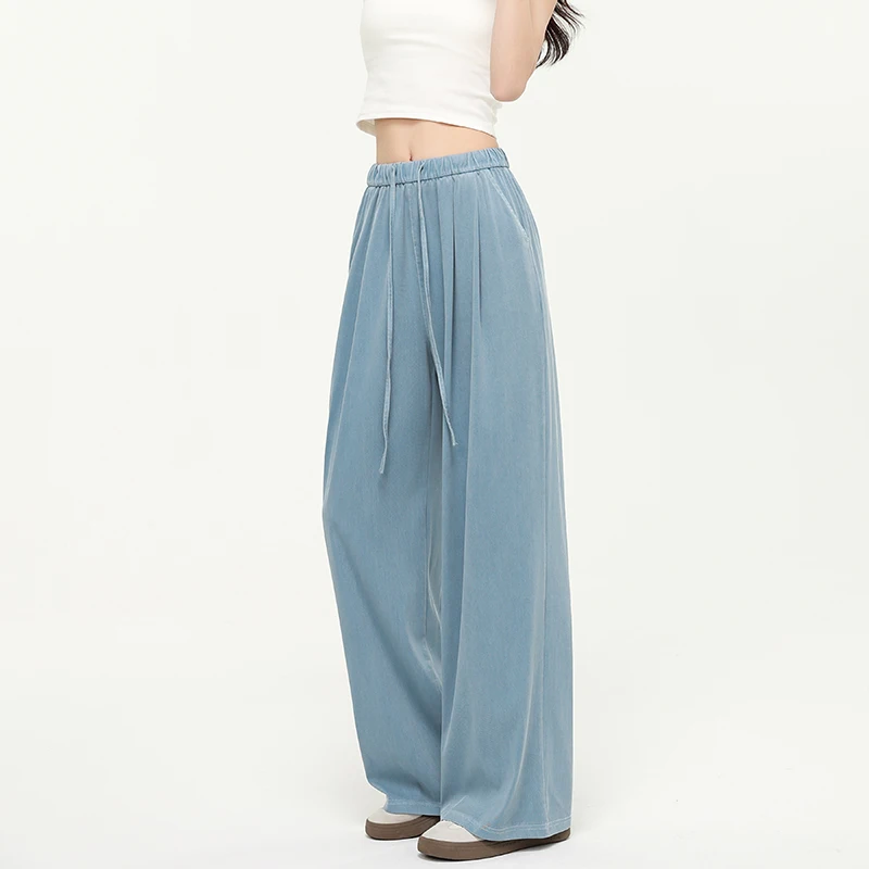 

Thin Lyocell Wide Leg Jeans Women Elastic Waist Ice Silk Baggy Jeans Lightweight Summer Denim Loose Trousers