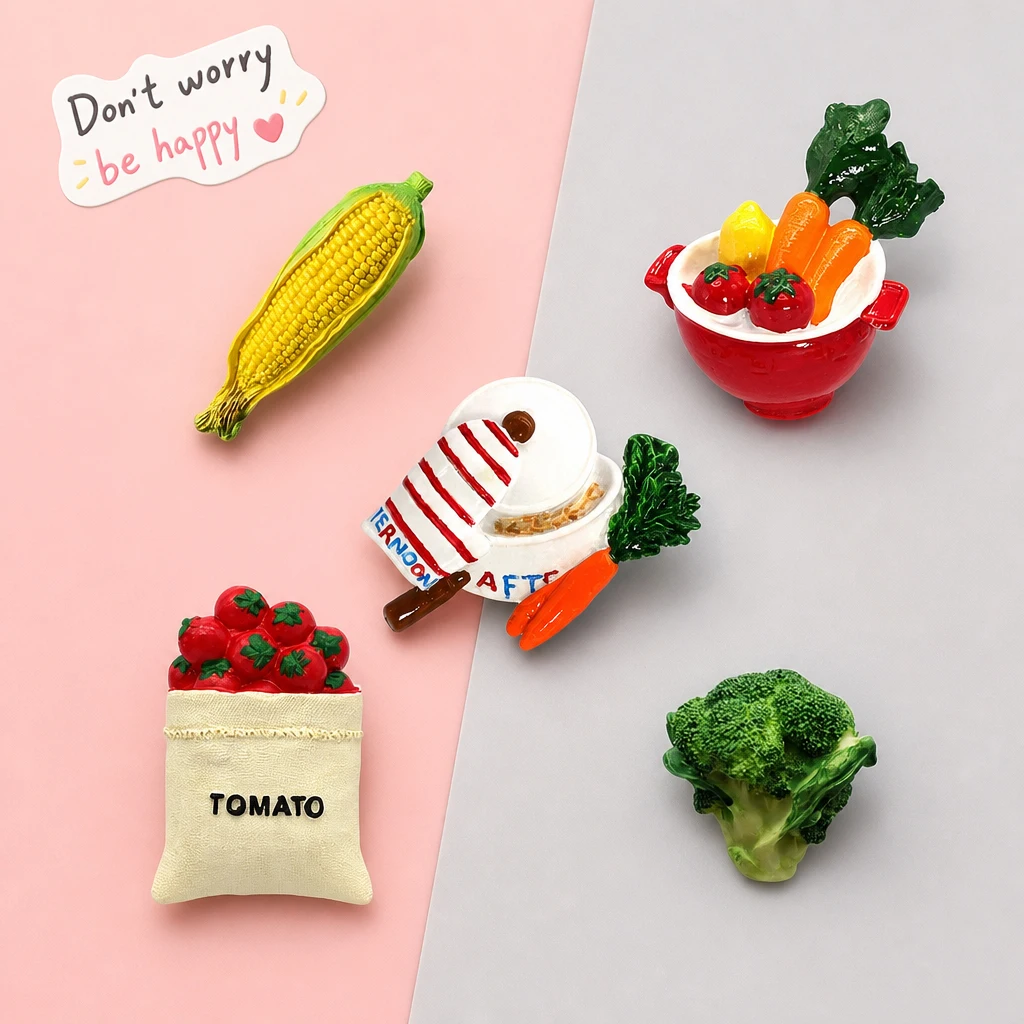 Simulation Vegetable 3D Resin Fridge Magnet Set, Tomato Corn Broccoli Carrot with Casserole Pot, Kitchen Home Decor Magnetic Sti