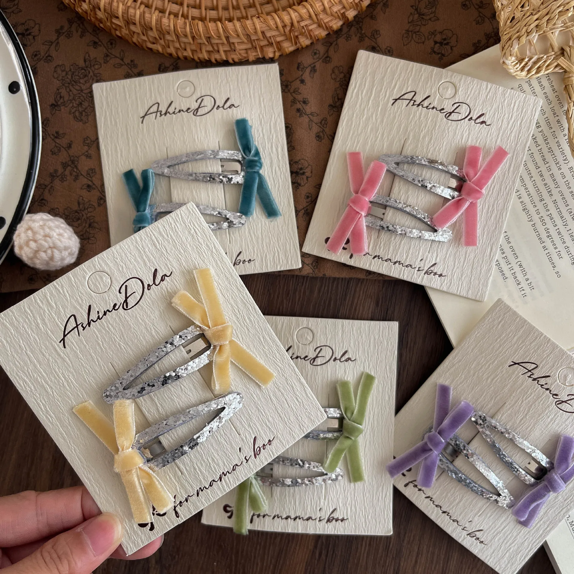 2pcs New Korean Version Fabric Bow Velvet BB Clip Cute Girl Children Hairpin Sparkling Broken Hair Headgear #5