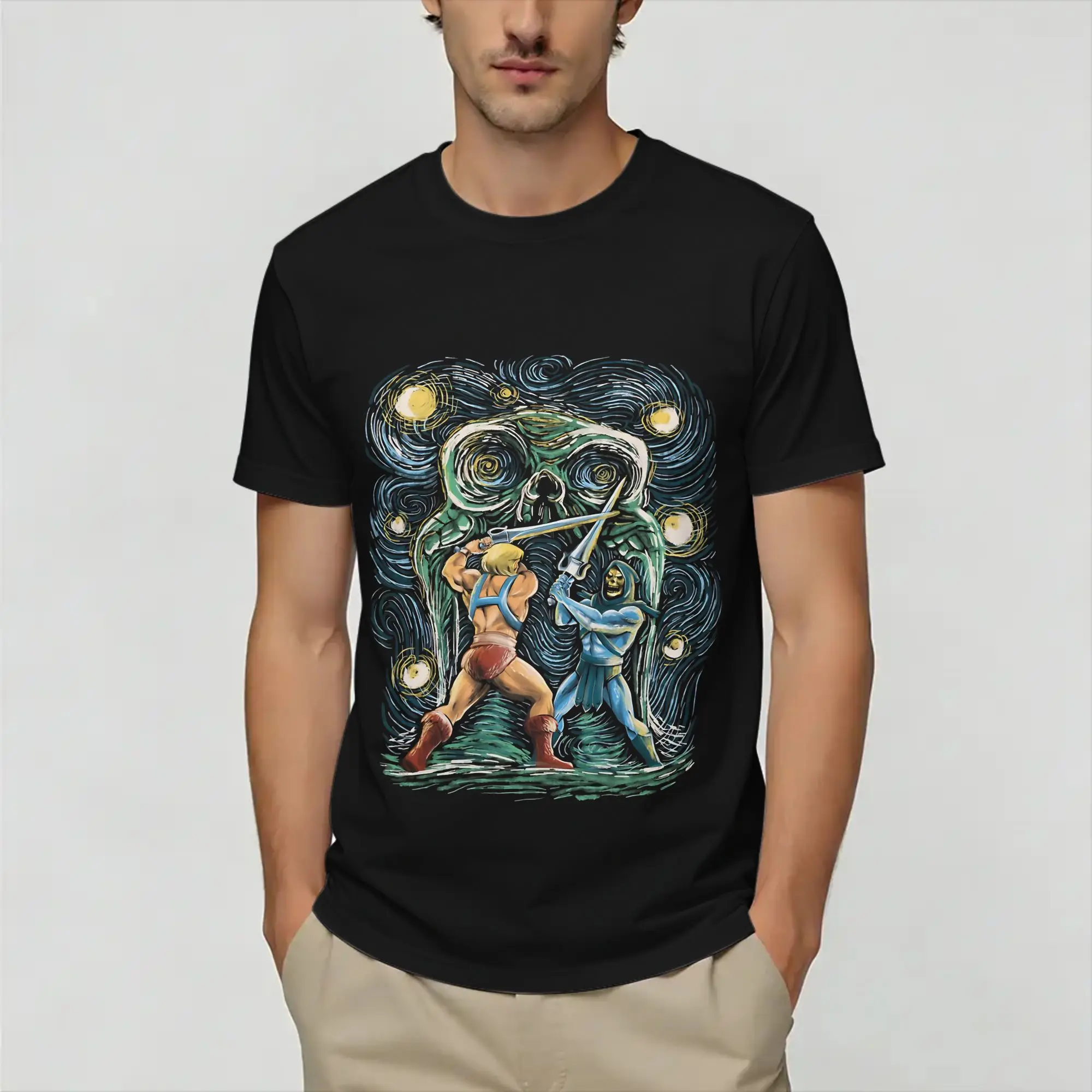 H-He Mans Starry  T-Shirt Beach  Pure Cotton T Shirts For Men Trending Pattern Tee Shirt Short Sleeve Y2K Basic Tops