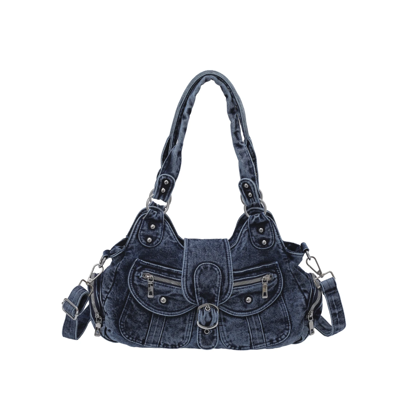 Women Bags Jeans - กระเป๋าสะพายไหล่ยีนส์ฟอกสีสไตล์เรโทร ทรงโฮโบ กระเป๋าถือแบบมีซิปหลายช่อง ตกแต่งหมุดและหัวเข็มขัด สายสะพายถอดได้ กระเป๋าผ้ายีนส์วินเทจ