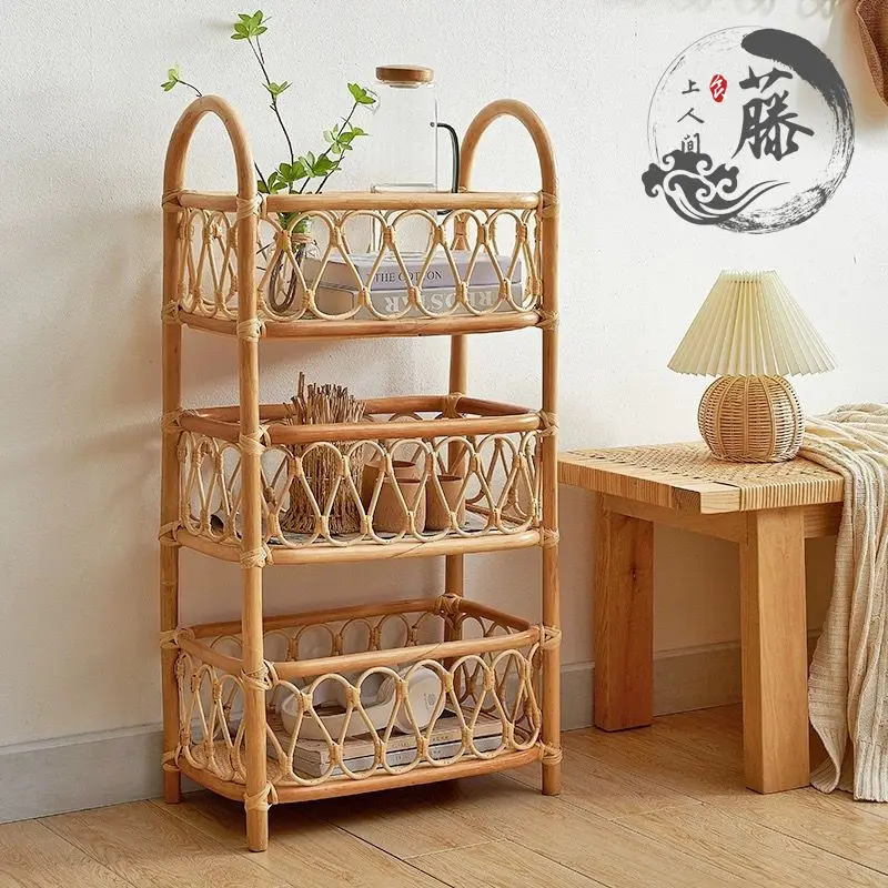 Handmade rattan creative bookshelf, floor to ceiling shelf, multi-layer home storage rack