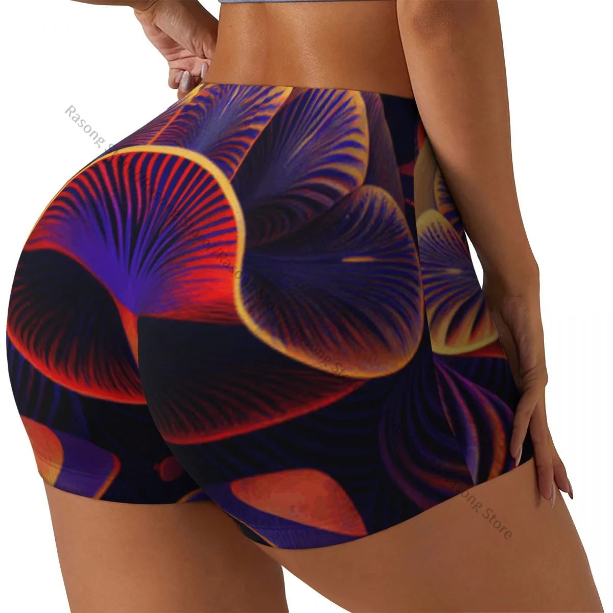 Damen-Yoga-Shorts, bunter Pilz, psychedelisch, Scrunch, Booty, Po-Lifting, Komfort, Fitness, Fitnessstudio