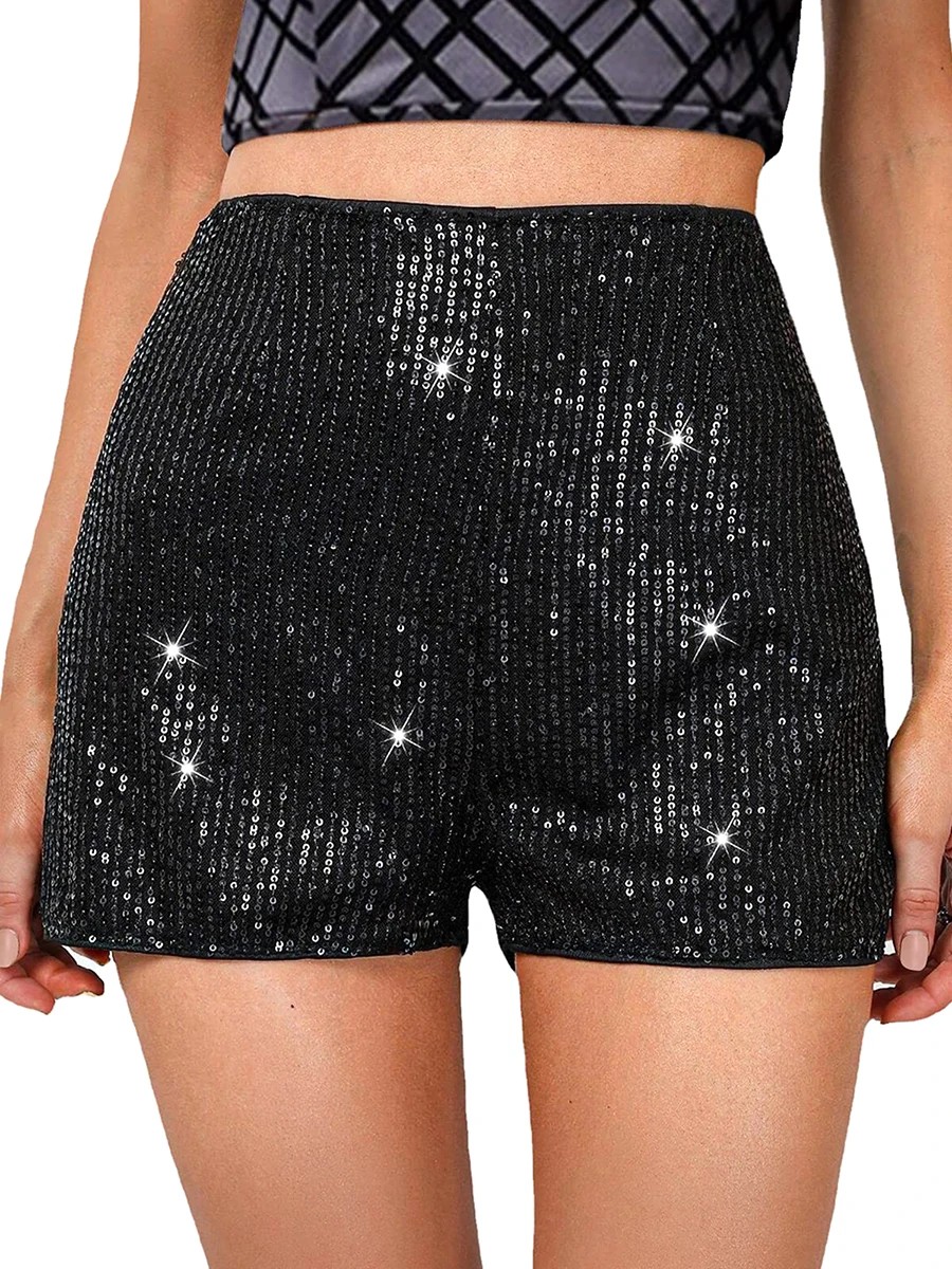 Women's Fashion Solid Color Sequins Glittery Shorts Sparkly Sexy Mid Waist Elastic Straight Leg Shorts for Party Club Streetwear