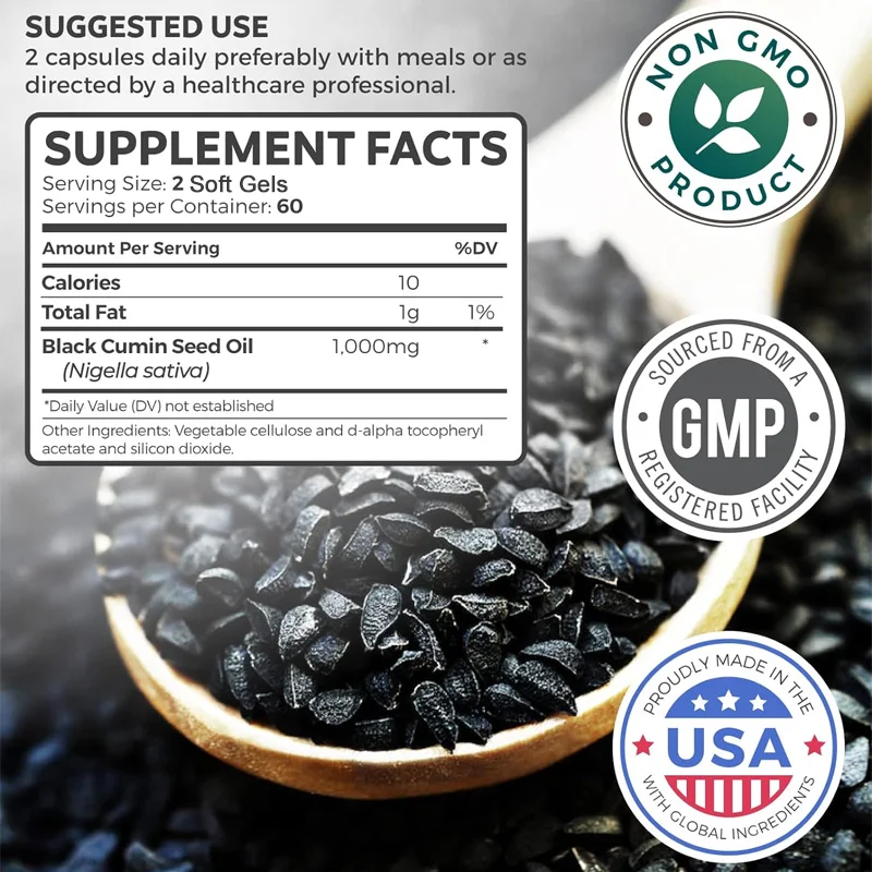 Black Seed Oil Capsules - Supports Digestion, Skin, Hair, Breathing, Immune and Brain Functions - Non-GMO Gluten Free Free