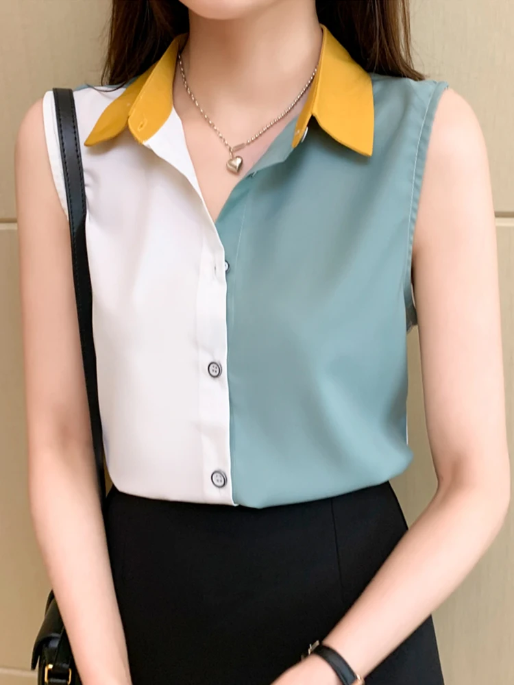 2024 Summer Sleeveless Blouse Women Casual Patchwork Shirts Blouses Female Blusas Casual Ladies Office OL Blouses Basice Tops