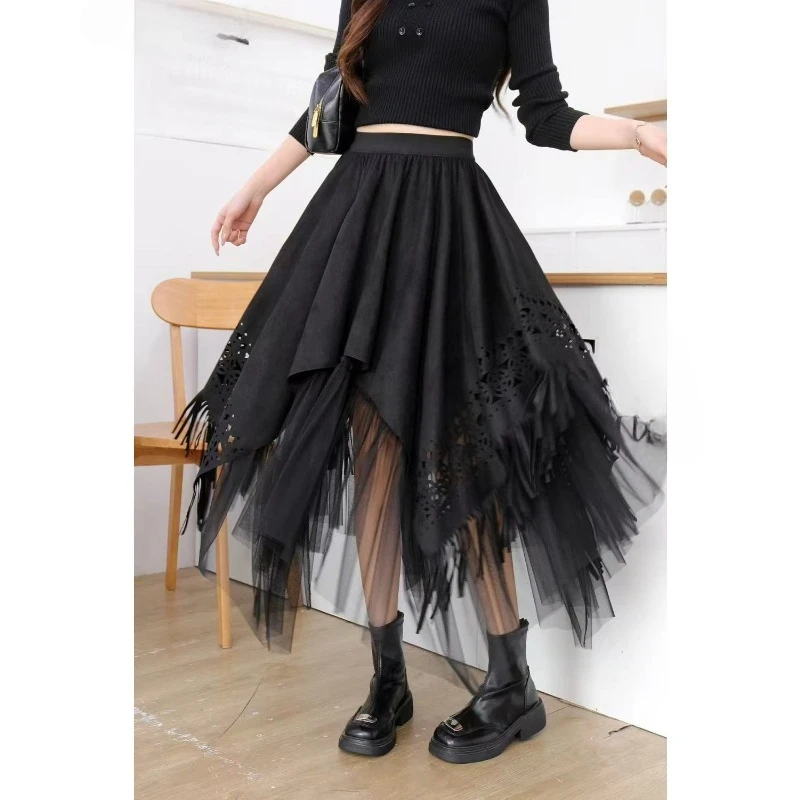 フリンジ付き秋冬フェイク鹿革フリーススカートハイウエストAライン不規則なメッシュスカートハイエンドファッショナブルな婦人服
