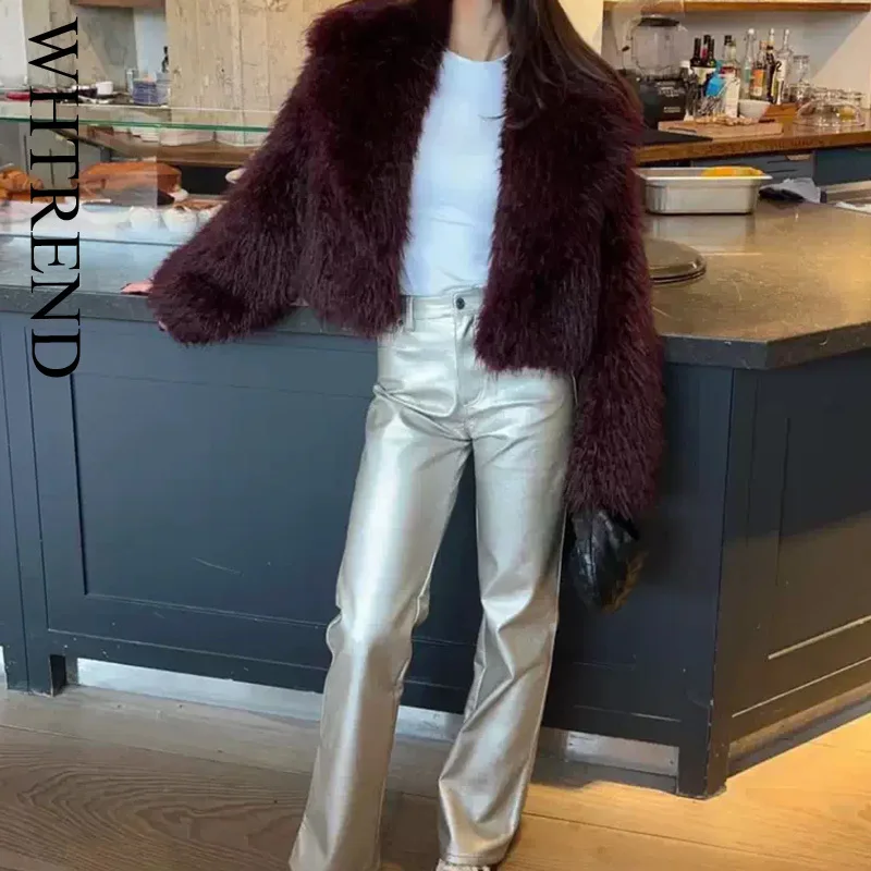 WHTREND Nepbont Korte Wijn Rode Jas Voor Vrouwen Mode Revers Lange Mouwen Open Stitch Streetwear Jas Jassen Herfst Winter Nieuw