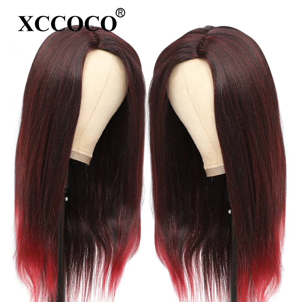 Yaki Straight Synthetic Wigs For Black Women Ombre Red 180% Density Afro Kinky Straight Side Part Synthetic Wigs Daily Wigs