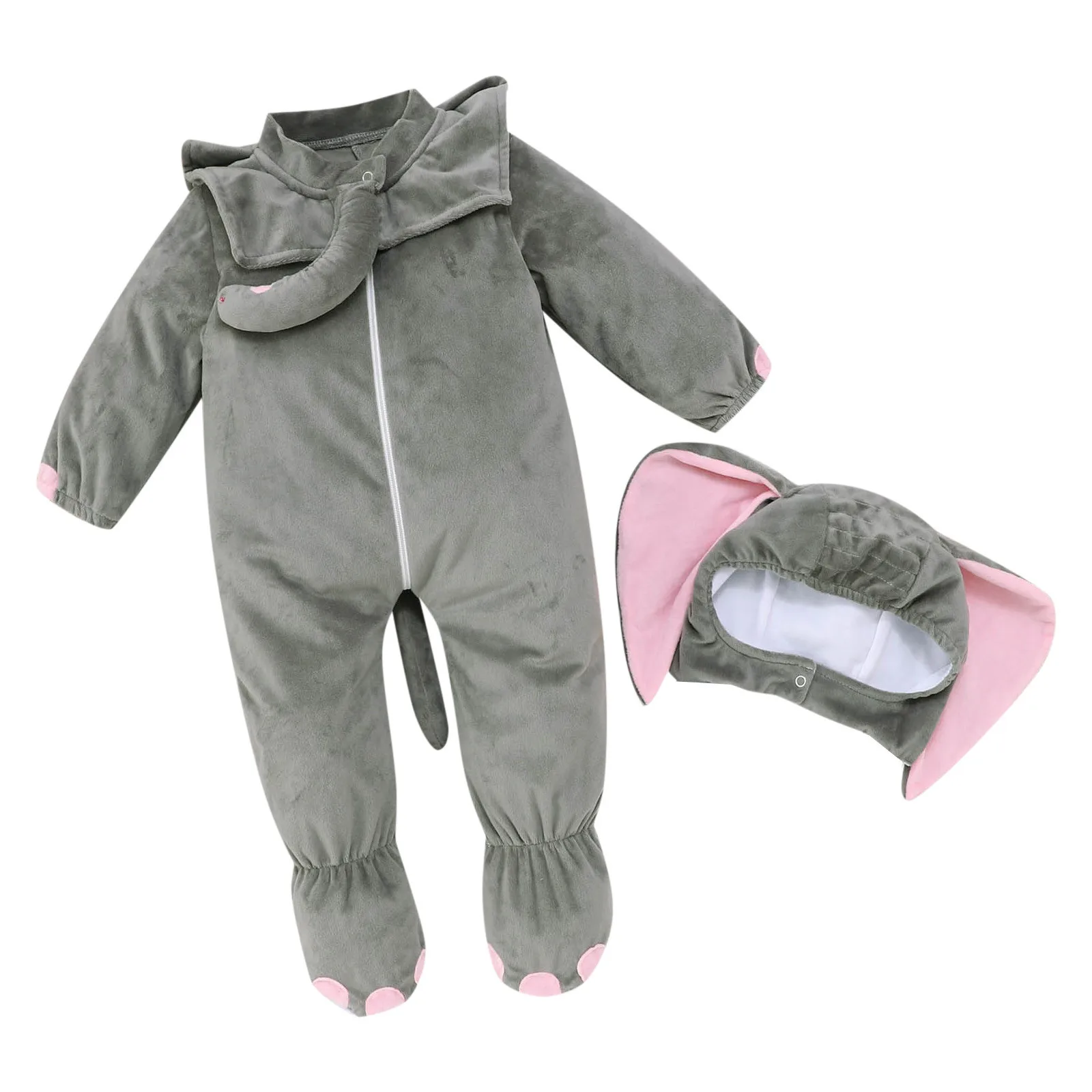 Infant Baby Boys Girls Long Sleeve Romper Cartoon Elephant Cosplay Fleece Costume Jumpsuit Hat 2Pcs Outfits Girl Romper Overalls