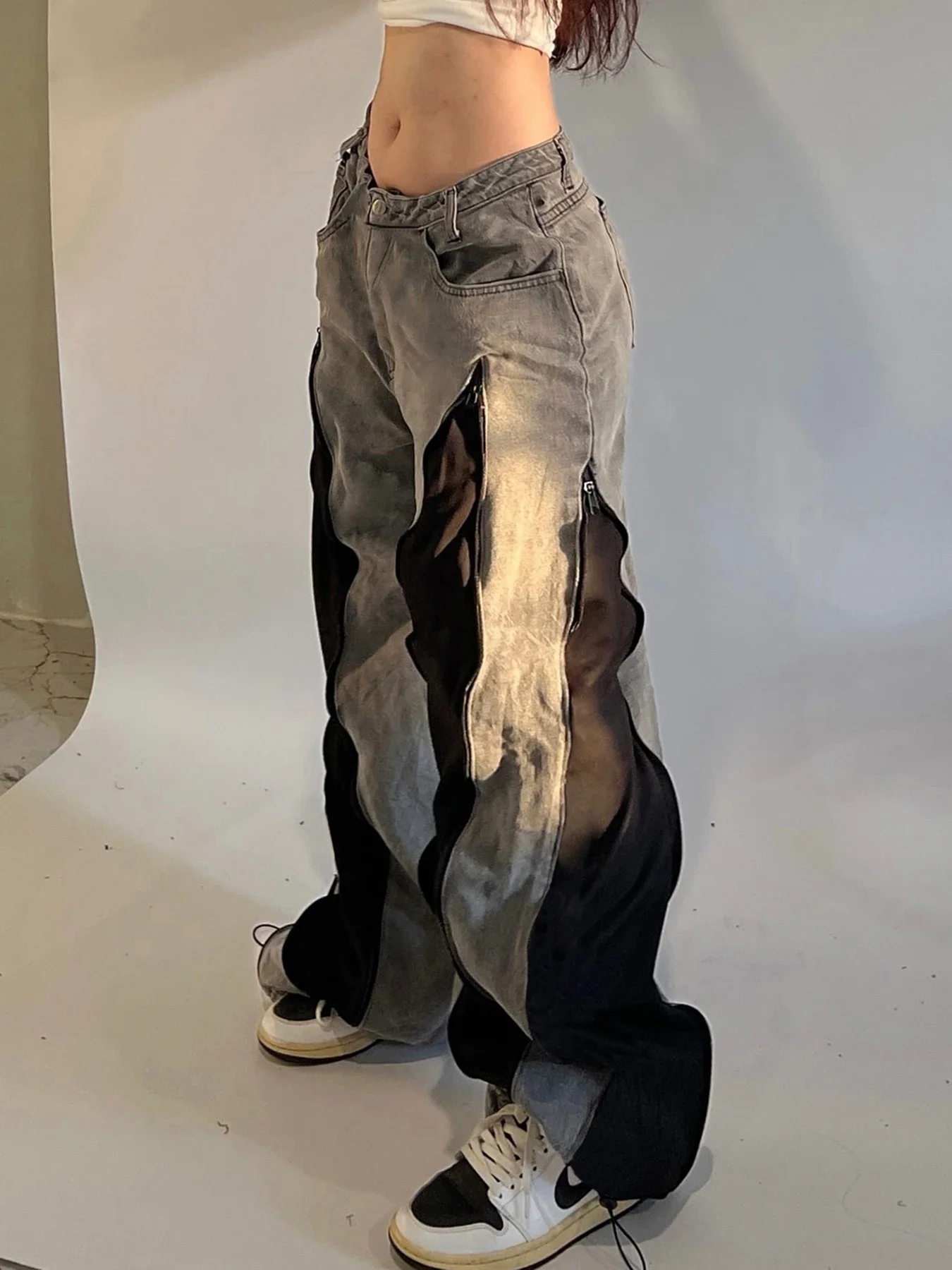 Harajuku Patchwork Zip-up Breite Bein Jeans Frauen Casual Lose Übergroßen Denim Cargo Hosen Vintage Y2k Mom Jeans Ästhetischen