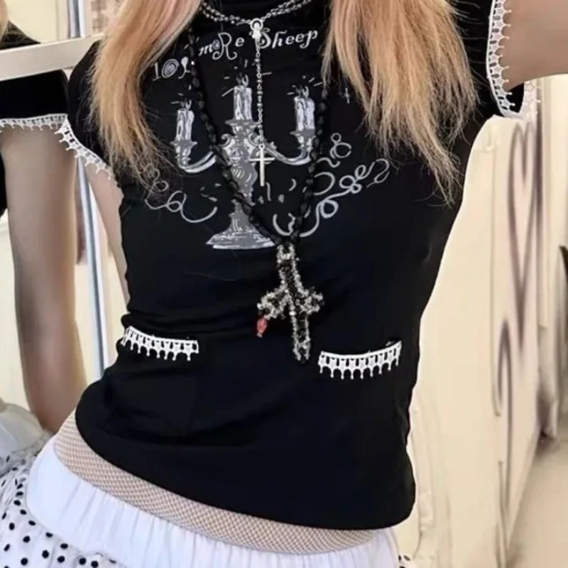 

Y2k Subculture Trendy Clubwear Japanese Anime Printed High Neck Short Sleeved Tees Playful Star Pattern Lace Design Unique Tops