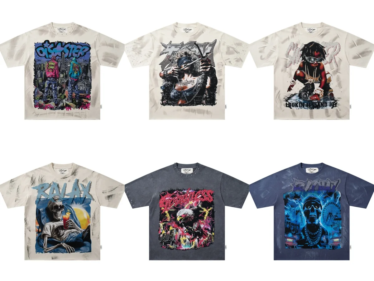 Los Angeles BYKS Tie‑Dye Men T‑Shirt Rhinestone City Graffiti Figure Print Short Sleeve Tees Oversized Streetwear Hip Hop Tees