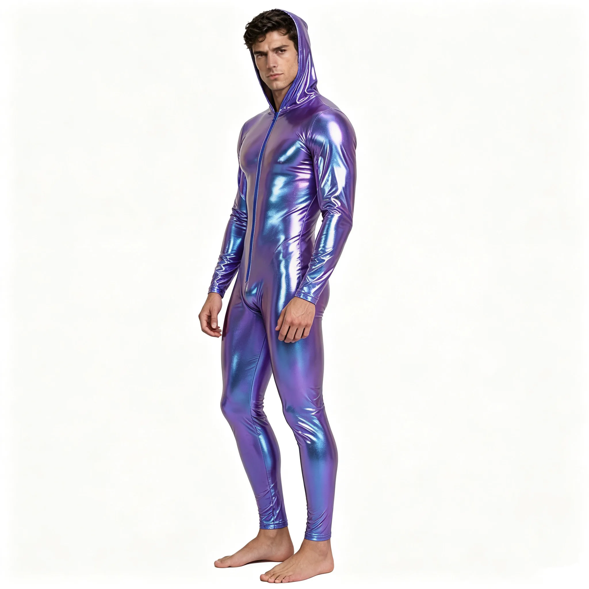 Herren Metallic Glänzender Kapuzen-Jumpsuit mit langen Ärmeln, Reißverschluss vorne, Leggings, Strumpfhose, Catsuit, Romper, Hoodie, Bodysuit, Rave-Party-Clubwear