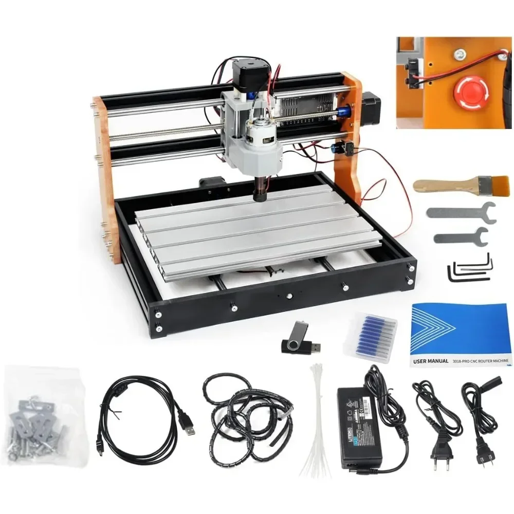 A Upgrade 3018 Pro CNC Router Machine Kit,with Limit Switches & Emergency Stop for 3018-PRO DIY Mini GRBL Control 3 Axis Millin