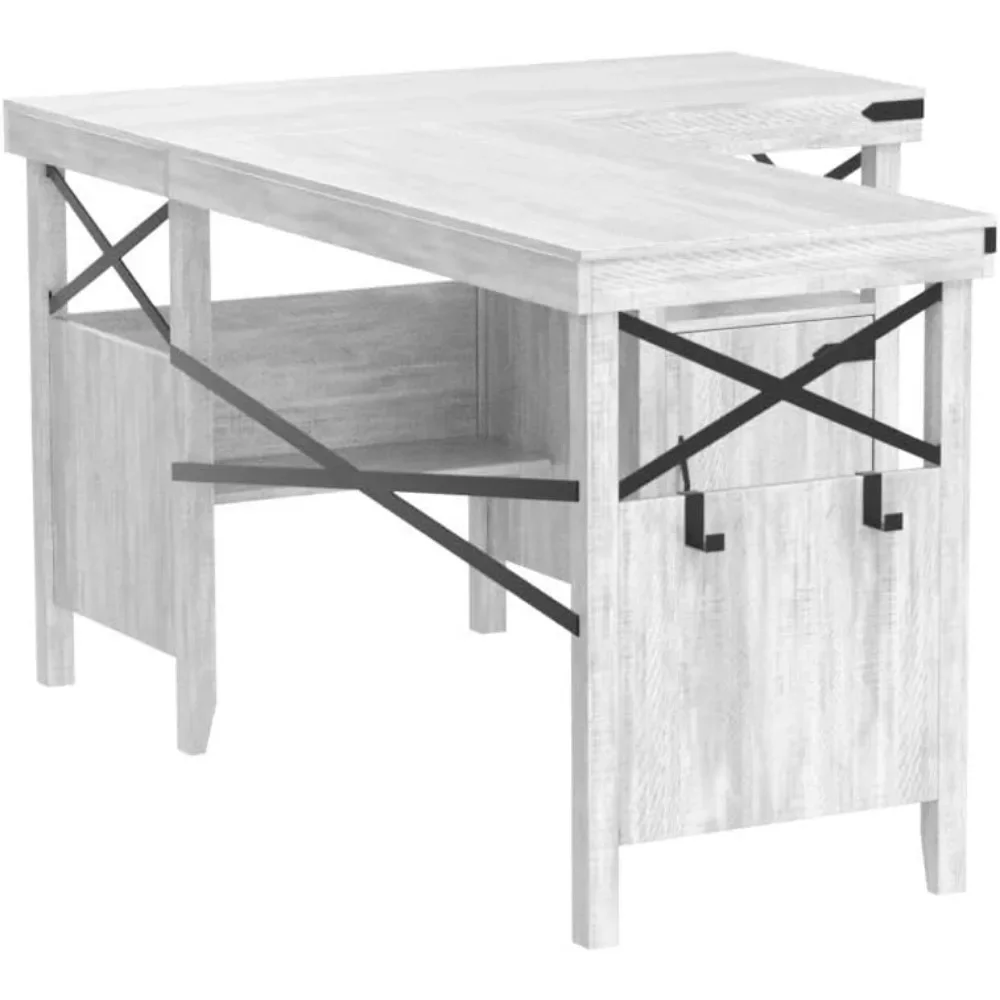 L Shaped Office Desk com Armário de Armazenamento, Farmhouse Computer Desk, Mesa com Estante, 82"