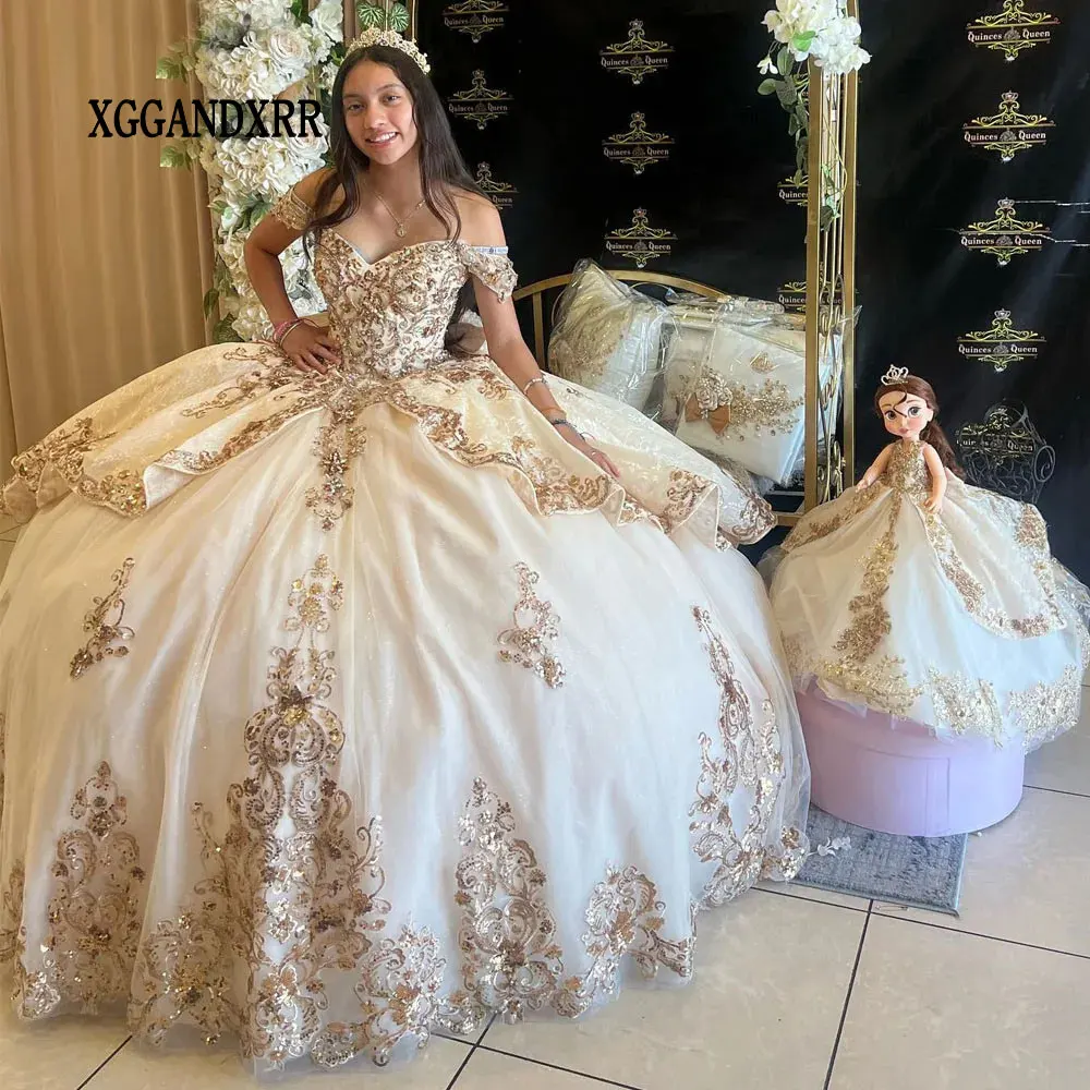 Luxus Gold Spitze von der Schulter Quince anera Kleider Ballkleid Blumen applikationen Spitze Tull Korsett für süße 15 Mädchen Party kleid