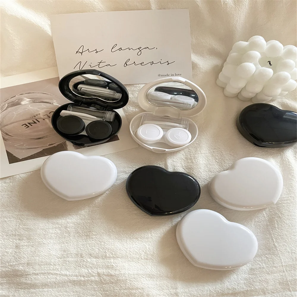 1pc Black White Love Small Fragrance Heart Contact Lens Case For Travel Lady Holder Storage Eye Container With Mirror Lenses Box