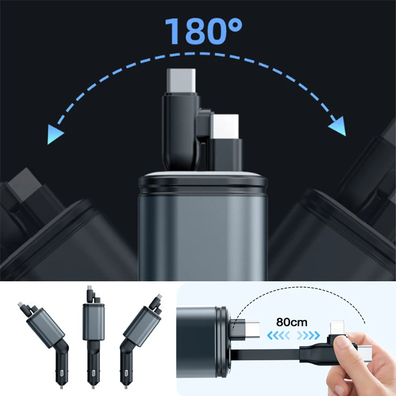180 W 5 in 1 intrekbare autotelefoonoplader RGB sterrenhemellicht voor PD/QC3.0/SCP/VOOC/FlashCharge/AFC/FlashCharge Protocollen Telefoon