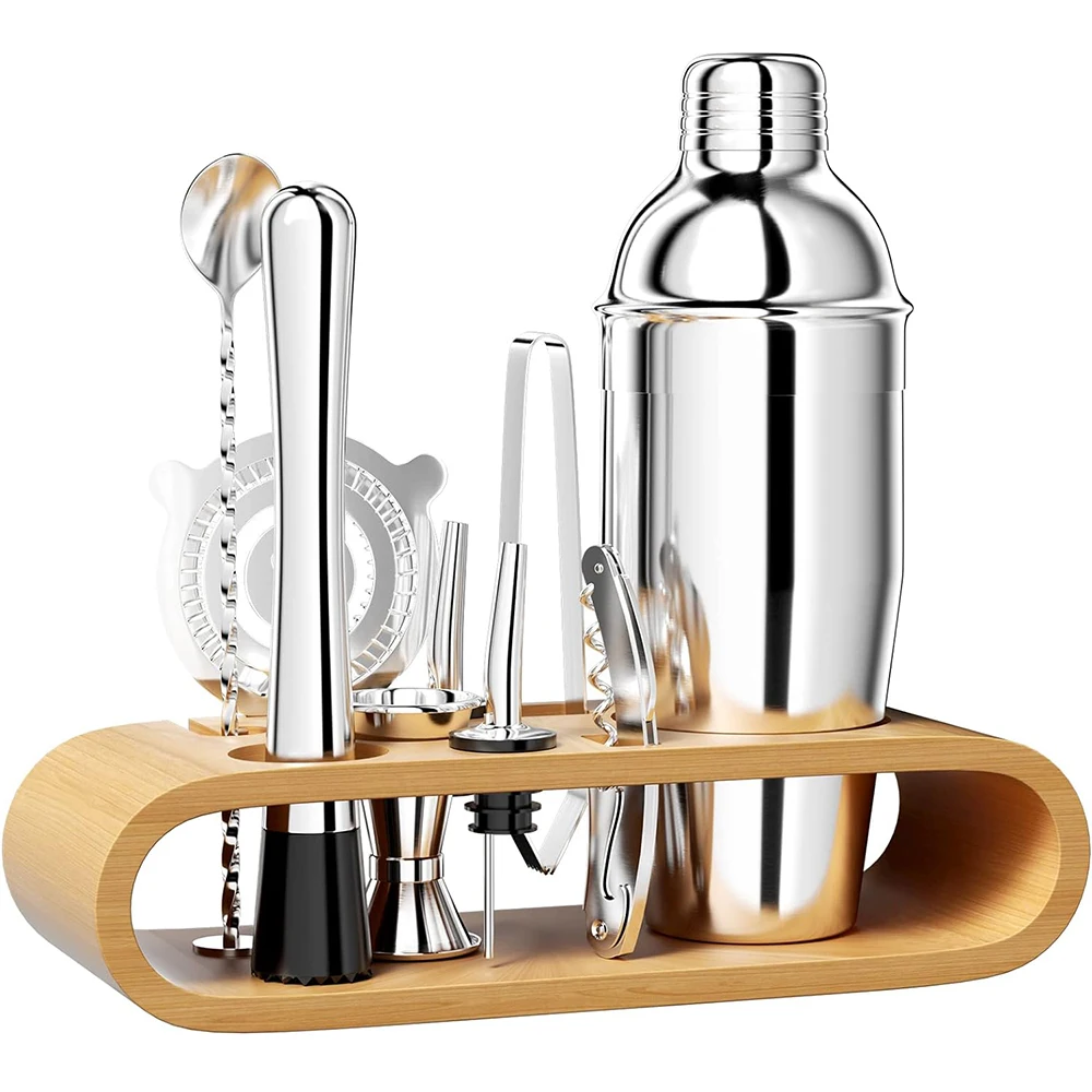 Set di utensili per cocktail con ripiano porta-shaker, lavabile in lavastoviglie, ideale per bar, feste e uso domestico.