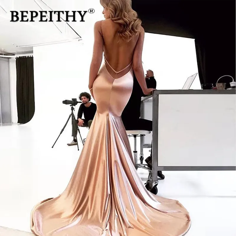 BEPEITHY Customized V Neck Mermaid Long Prom Dresses 2023 Court Train Sexy Backless Party Dress Stylish Cocktail Dresses