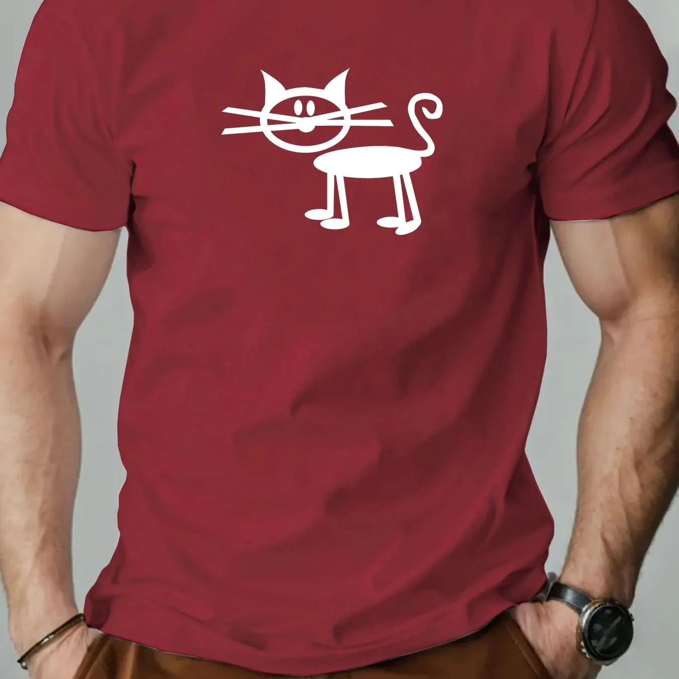 Retro Line Art Cat Graphic T-Shirt, Men's Loose Fit Cotton Tee, Cute Cat Lover Statement Top
