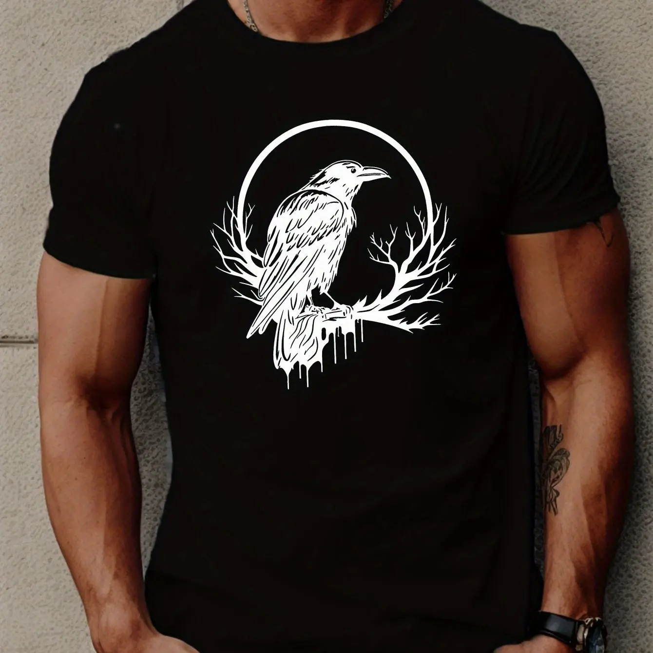 Geometric Crow Design Men's Short Sleeve T-Shirt Summer Wear Regular Fit Casual Style Microfiber Men Clothing Comfortable