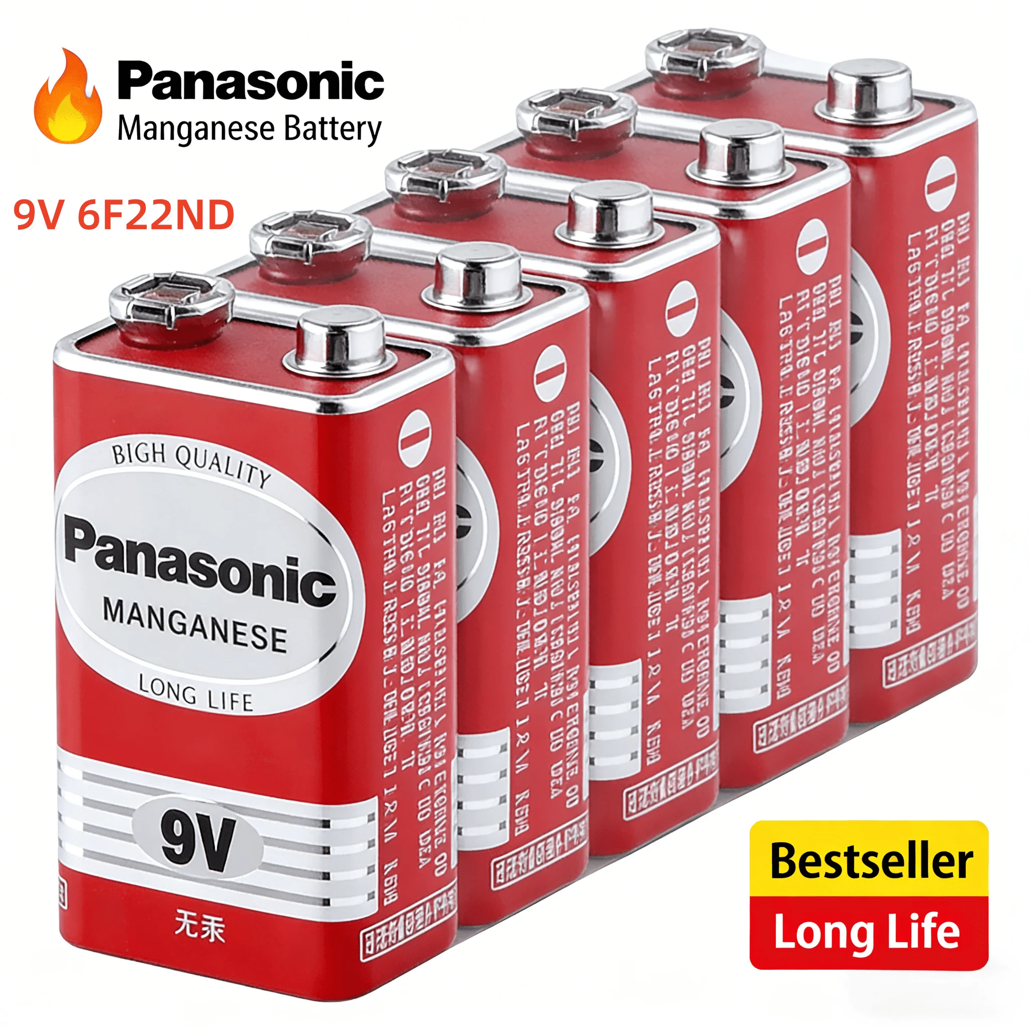 Pile alcaline Panasonic 6F22ND 9V 100% originale, sans mercure, longue durée de vie, pour détecteur de fumée/réveil/microphone sans fil