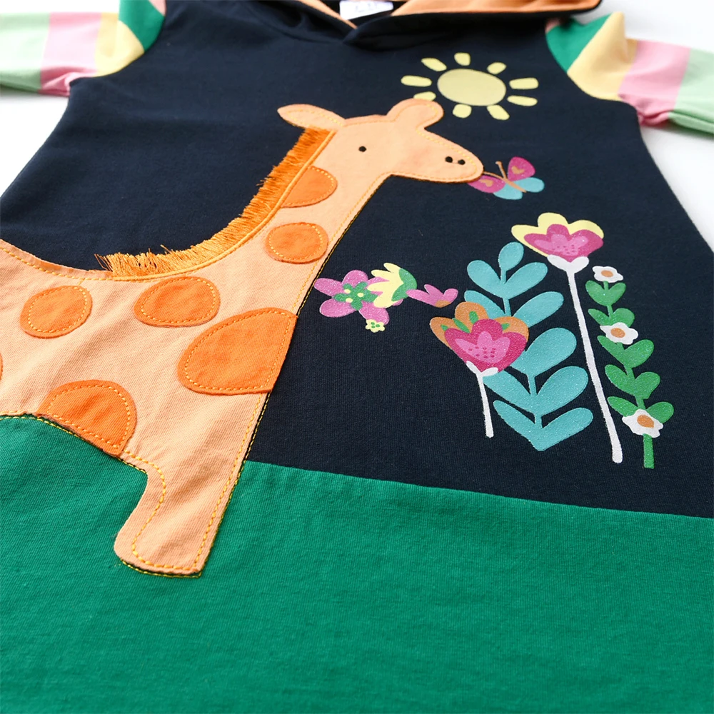 DXTON Girls Cotton Hooded Dress Rainbow Stripes Sleeve Children Dress Floral Giraffe Applique Winter Christmas Kids Casual Dress