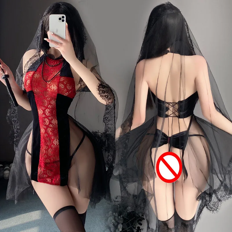 

Nun Cosplay Witch Costumes Sexy Role Playing Naughty Apparel Lolita Dress Mesh See Through Cross Nun Uniform Cosplay Costume Set