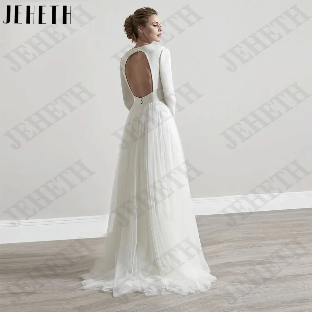 JEHETH Deep V-Neck A-Line Bridal Dresses Full Sleeves Backless Tulle Wedding Gowns Custom Made 2024 vestido de noiva casamento