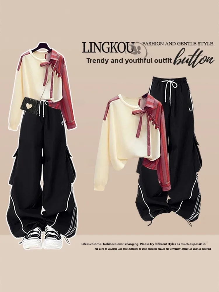 

Fashionable Large Size Autumn Set Women's Design Beautiful Splicing Anti-Aging Top High-End Feeling Workwear Pants Two-Piece Set