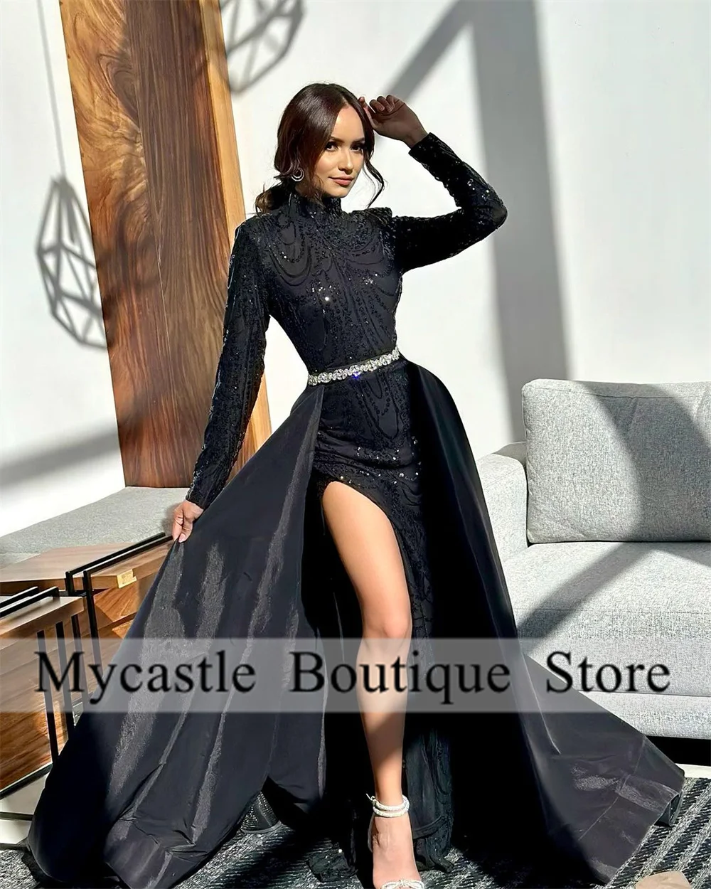 Long Sleeves Black Beaded Lace Prom Dresses 2024 New Weeding Party Night Elegant Side Slit Mermaid Evening Dress Robe De Soiree