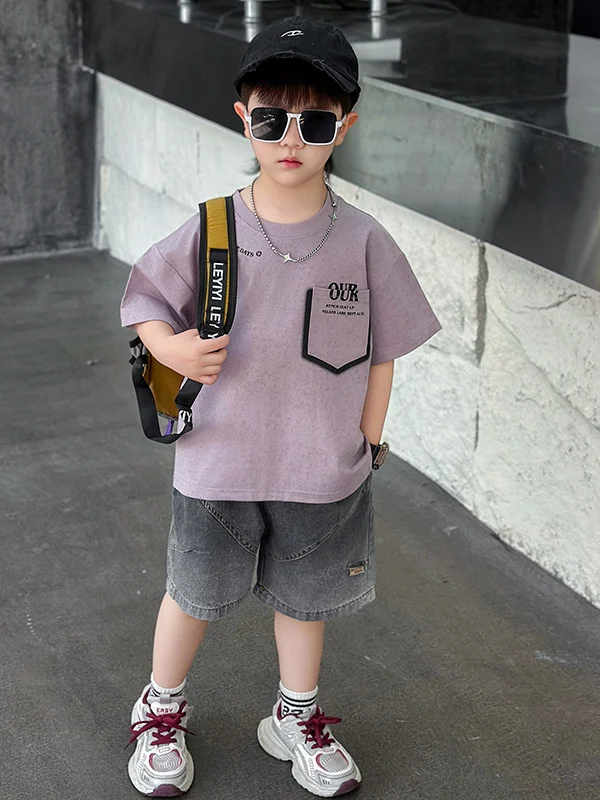 

Boys' Summer Cool Fashionable Printed Pocket Short Sleeve Denim Outfit Two-Piece Set Casual Sportswear Teenage Boys' Clothing