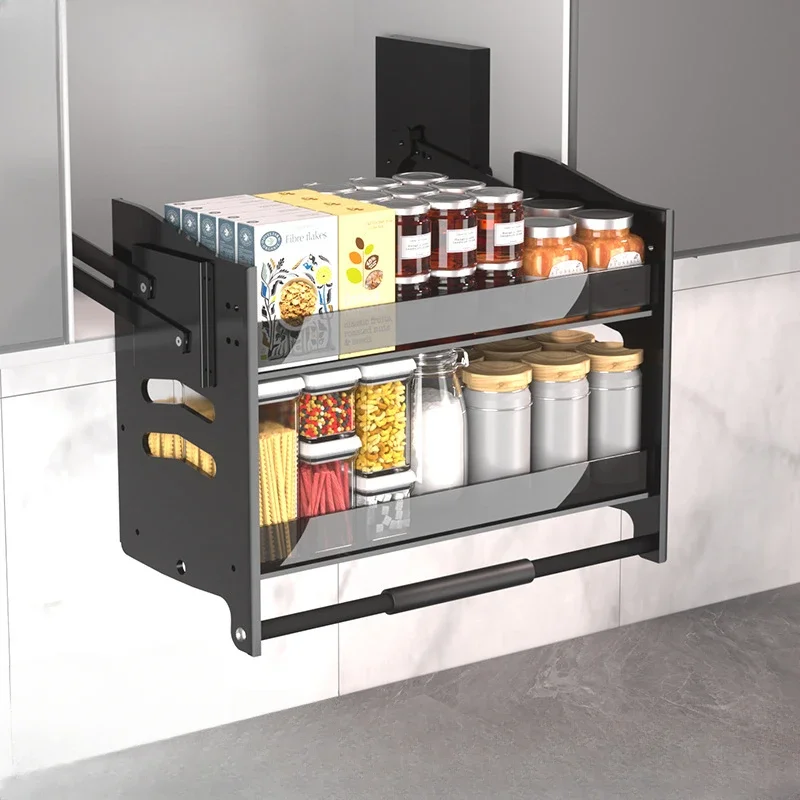 

Kitchen storage: cabinet buffer, pull-down wall cabinet, adjustable resistance, lift, aluminum alloy pull basket, storage bowl