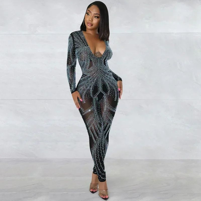 

GUWU Hot Rhinestones Women Long Sleeve Deep V-neck Bodycon Skinny Jumpsuit 2024 Sexy Club Party Prom Diamonds Long Pants