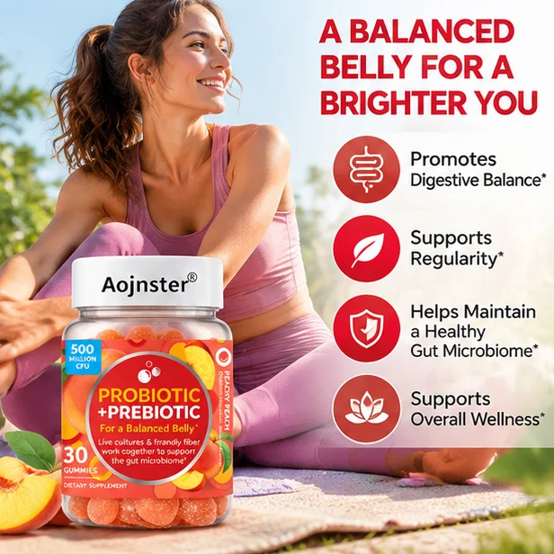 Chewable Probiotic & Prebiotic Gummies 30 Count, Live Cultures with Friendly Fiber, Tasty Peach Flavor Gut Supplement for Adults