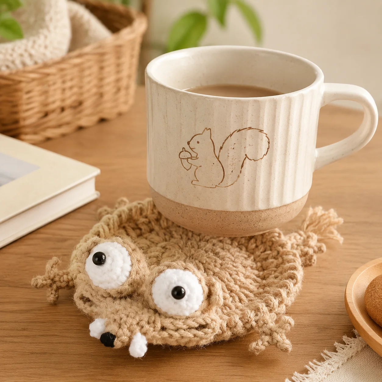 Handmade Crochet Wool Squirrel Coaster Cute Animal Cup Coaster Drink Mat Table Protector Kitchen Dining Living Room Khaki