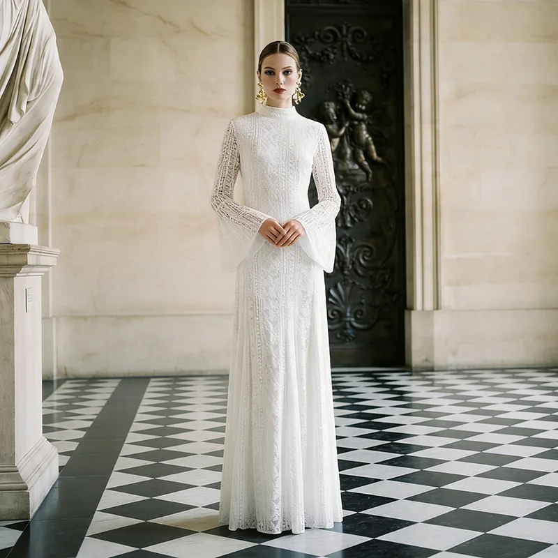 

EDGLuLu Stand Collar Trumpet Sleeve White Dress Autumn 2026 Hollow Embroidery Lace Elegant Long Dresses 0519