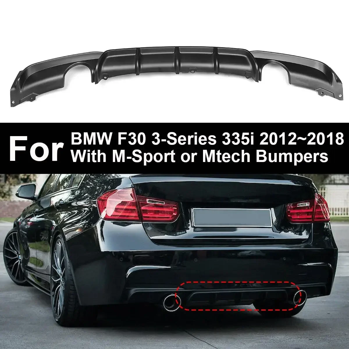 Matte Black Rear Bumper Diffuser Single Muffler Dual Out For BMW F30 3-Series 335i 2012 2013 2014 2015 2016 2017 2018