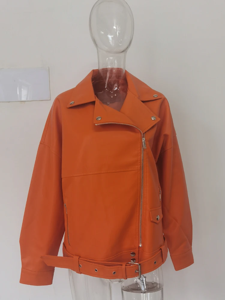 UCXQ Koreanische Orange Lose Fit Schwarz Pu Leder Jacke Neue Revers Langarm Frauen Mantel Mode Flut Frühling Sommer 2024 SM4039